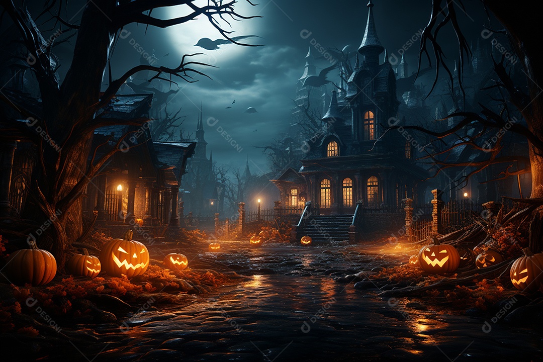 Fundo de Halloween com abóboras e casa assombrada - renderização 3D. Fundo de Halloween com abóbora malvada. Floresta noturna assustadora e assustadora