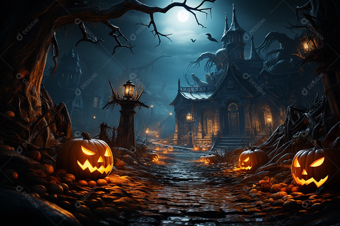 Fundo de Halloween com abóboras e casa assombrada - renderização 3D. Fundo de Halloween com abóbora malvada. Floresta noturna assustadora e assustadora