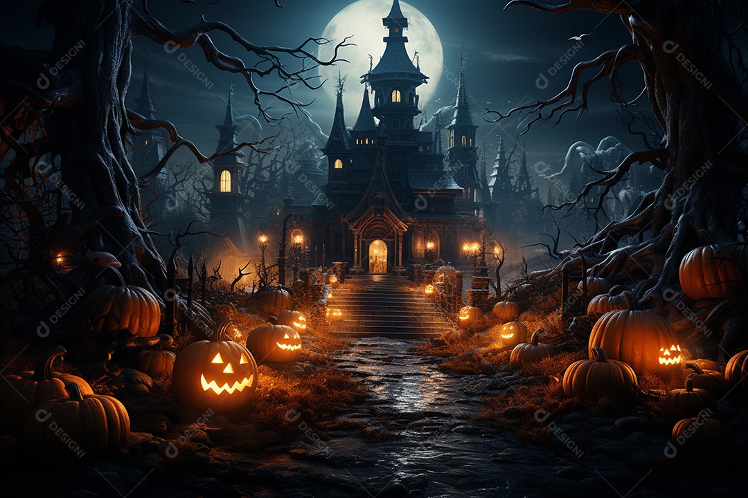 Fundo de Halloween com abóboras e casa assombrada - renderização 3D. Fundo de Halloween com abóbora malvada. Floresta noturna assustadora e assustadora