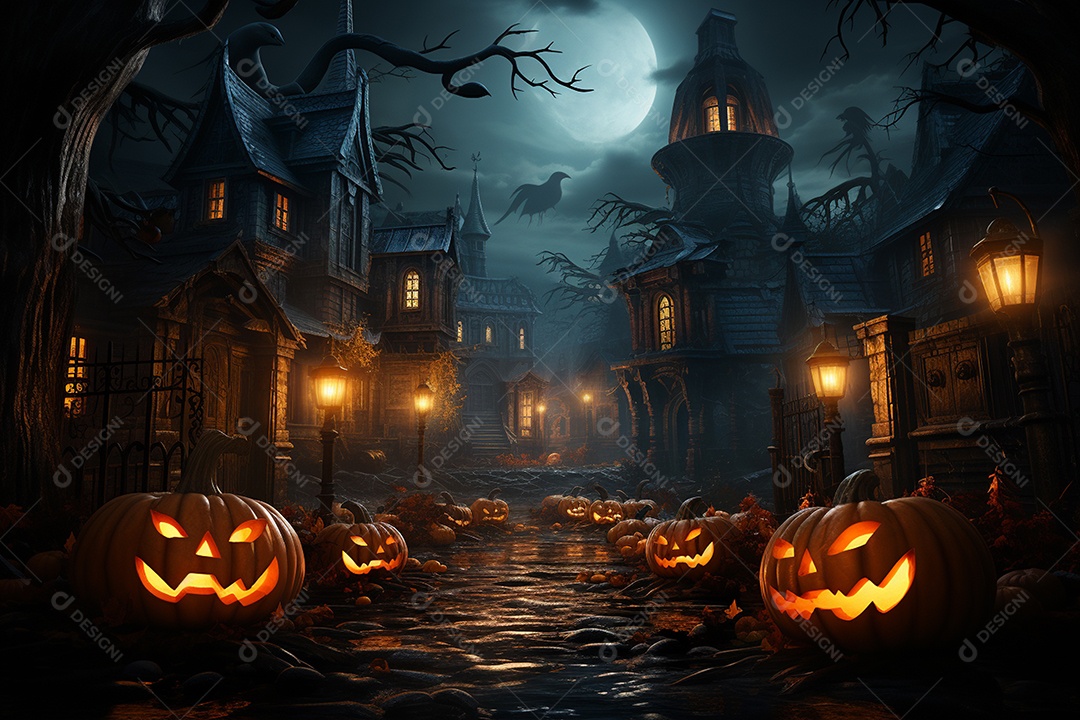 Fundo de Halloween com abóboras e casa assombrada - renderização 3D. Fundo de Halloween com abóbora malvada. Floresta noturna assustadora e assustadora