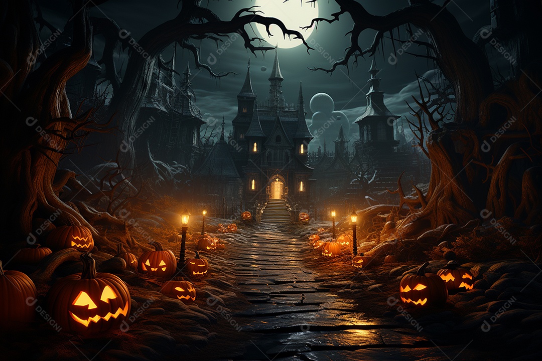 Fundo de Halloween com abóboras e casa assombrada - renderização 3D. Fundo de Halloween com abóbora malvada. Floresta noturna assustadora e assustadora