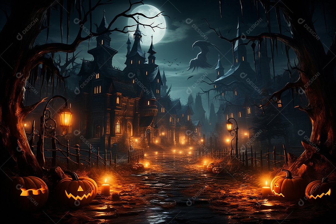 Fundo de Halloween com abóboras e casa assombrada - renderização 3D. Fundo de Halloween com abóbora malvada. Floresta noturna assustadora e assustadora