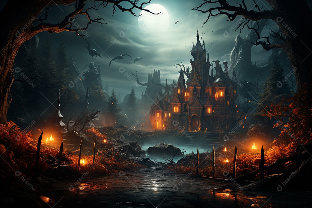 Fundo de Halloween com abóboras e casa assombrada - renderização 3D. Fundo de Halloween com abóbora malvada. Floresta noturna assustadora e assustadora