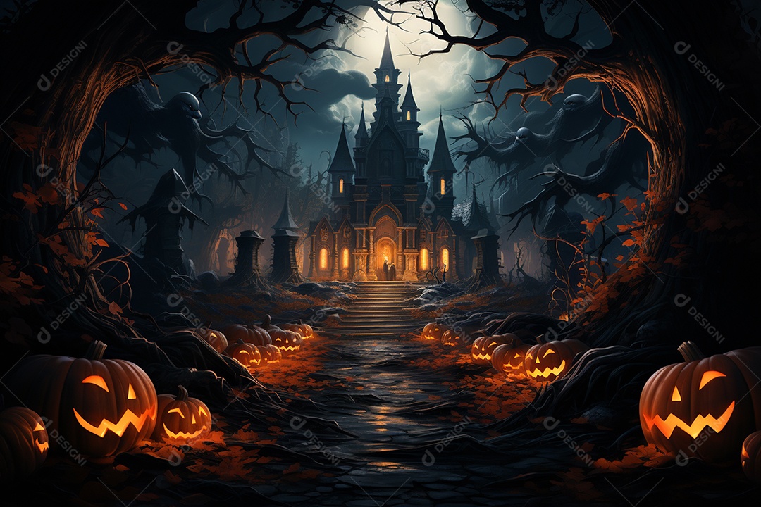 Fundo de Halloween com abóboras e casa assombrada - renderização 3D. Fundo de Halloween com abóbora malvada. Floresta noturna assustadora e assustadora