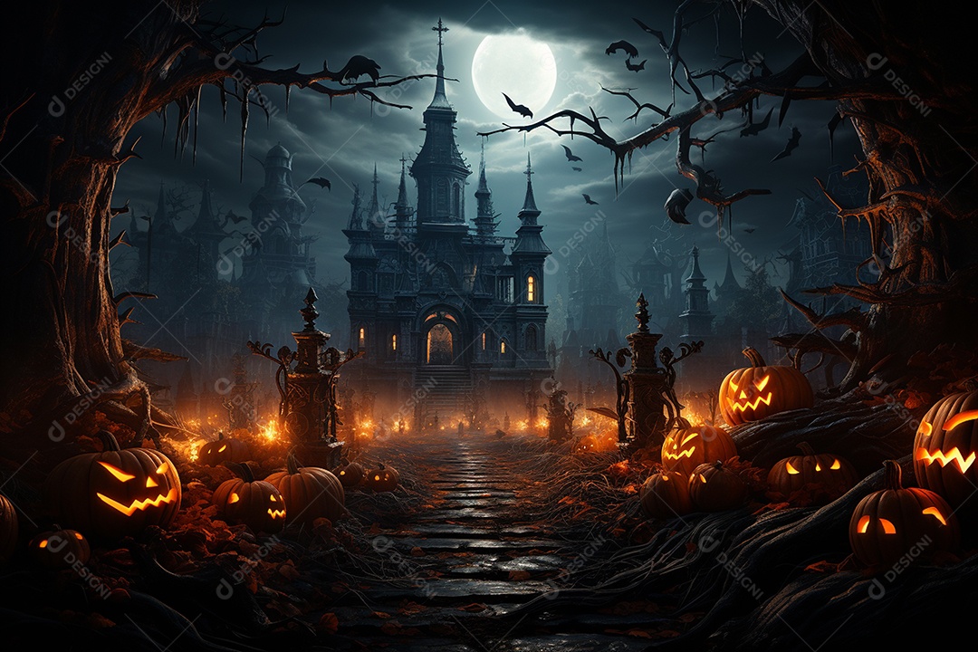 Fundo de Halloween com abóboras e casa assombrada - renderização 3D. Fundo de Halloween com abóbora malvada. Floresta noturna assustadora e assustadora