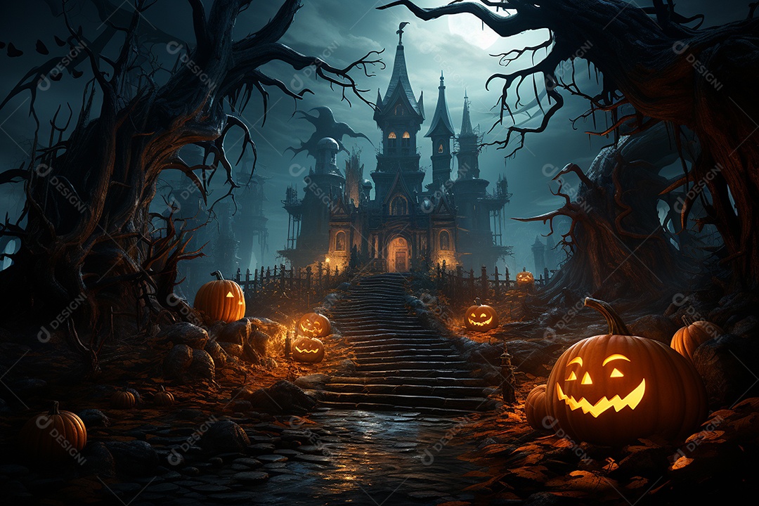 Fundo de Halloween com abóboras e casa assombrada - renderização 3D. Fundo de Halloween com abóbora malvada. Floresta noturna assustadora e assustadora