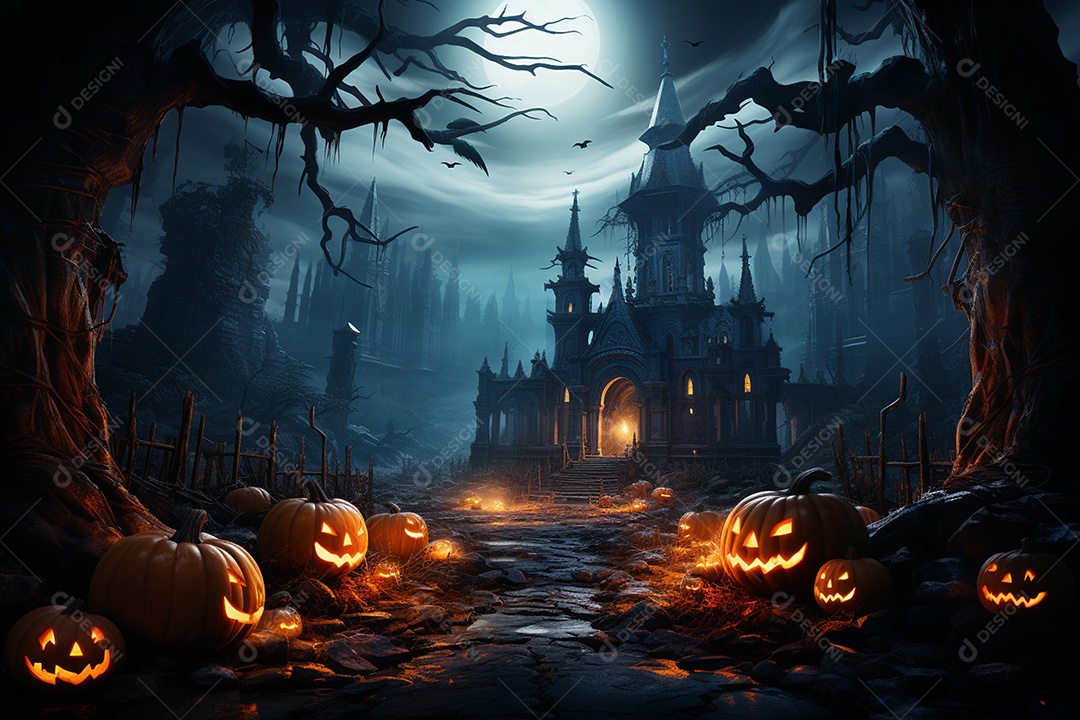 Fundo de Halloween com abóboras e casa assombrada - renderização 3D. Fundo de Halloween com abóbora malvada. Floresta noturna assustadora e assustadora