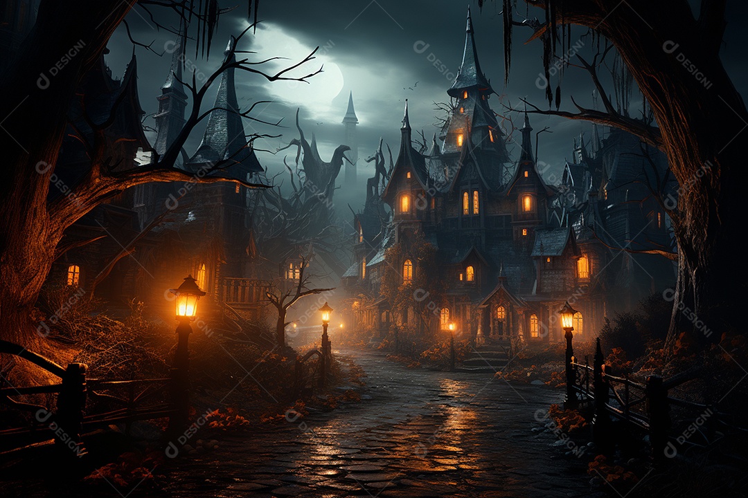 Fundo de Halloween com abóboras e casa assombrada - renderização 3D. Fundo de Halloween com abóbora malvada. Floresta noturna assustadora e assustadora