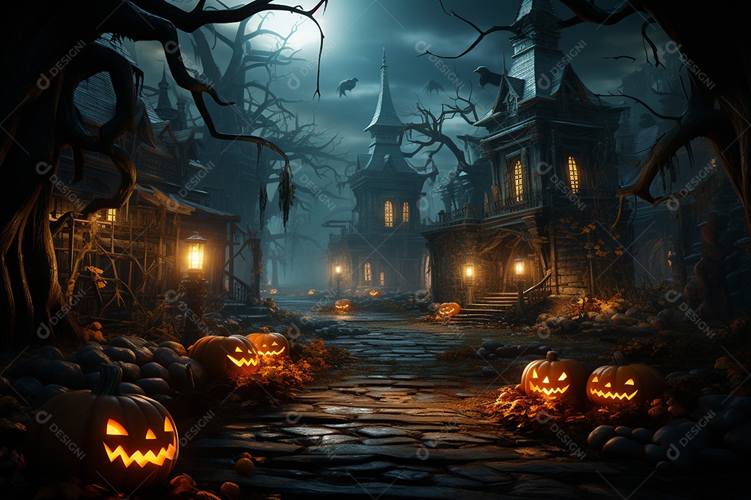 Fundo de Halloween com abóboras e casa assombrada - renderização 3D. Fundo de Halloween com abóbora malvada. Floresta noturna assustadora e assustadora