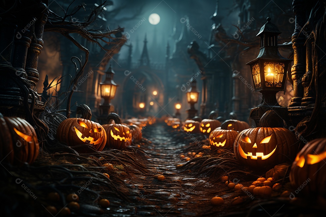Fundo de Halloween com abóboras e casa assombrada - renderização 3D. Fundo de Halloween com abóbora malvada. Floresta noturna assustadora e assustadora
