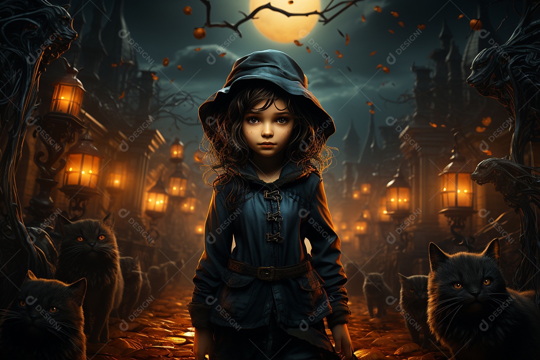 Fundo de Halloween com abóboras e casa assombrada - renderização 3D. Fundo de Halloween com abóbora malvada. Floresta noturna assustadora e assustadora