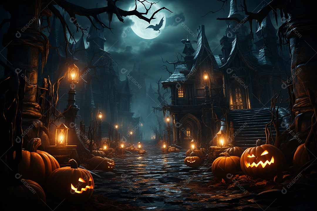 Fundo de Halloween com abóboras e casa assombrada - renderização 3D. Fundo de Halloween com abóbora malvada. Floresta noturna assustadora e assustadora