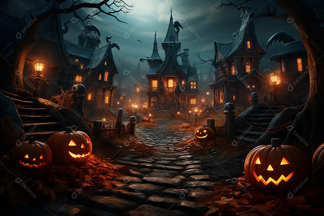 Fundo de Halloween com abóboras e casa assombrada - renderização 3D. Fundo de Halloween com abóbora malvada. Floresta noturna assustadora e assustadora