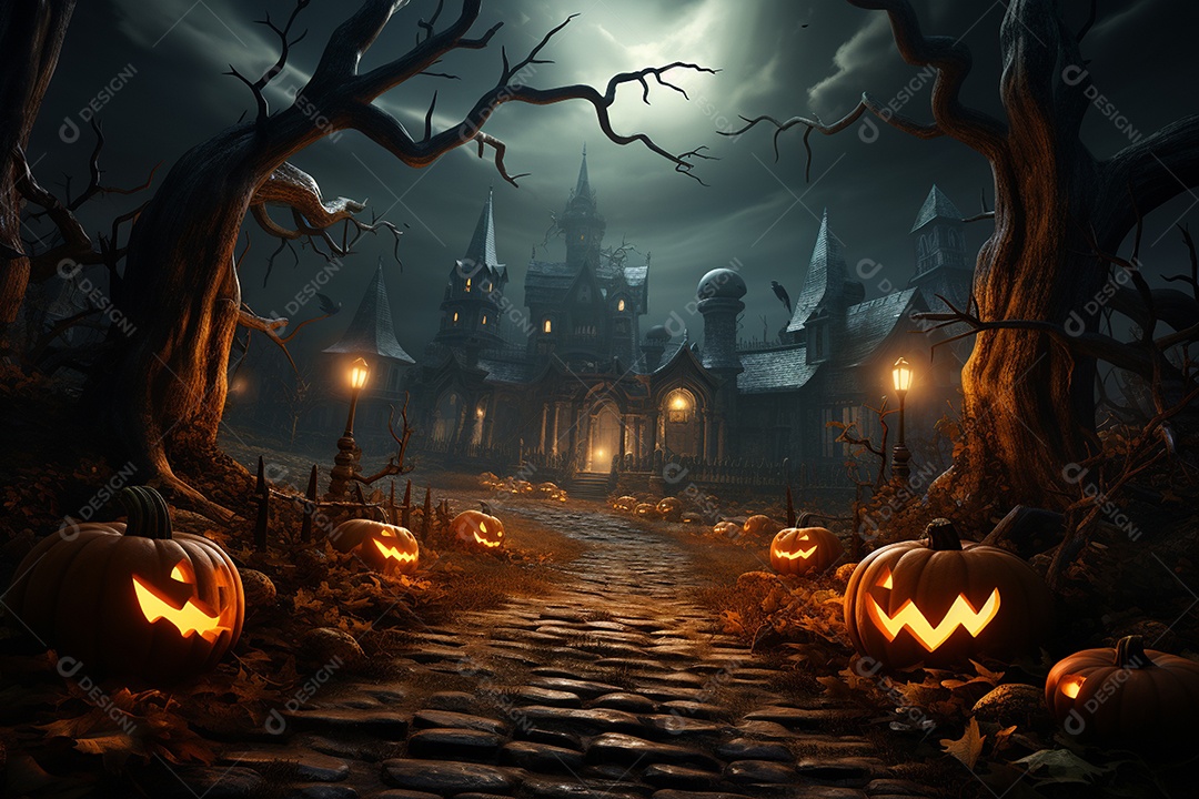 Fundo de Halloween com abóboras e casa assombrada - renderização 3D. Fundo de Halloween com abóbora malvada. Floresta noturna assustadora e assustadora