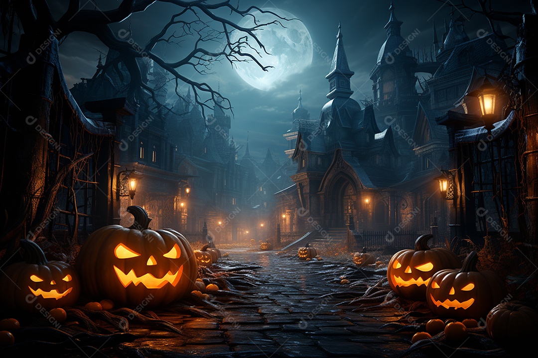Fundo de Halloween com abóboras e casa assombrada - renderização 3D. Fundo de Halloween com abóbora malvada. Floresta noturna assustadora e assustadora