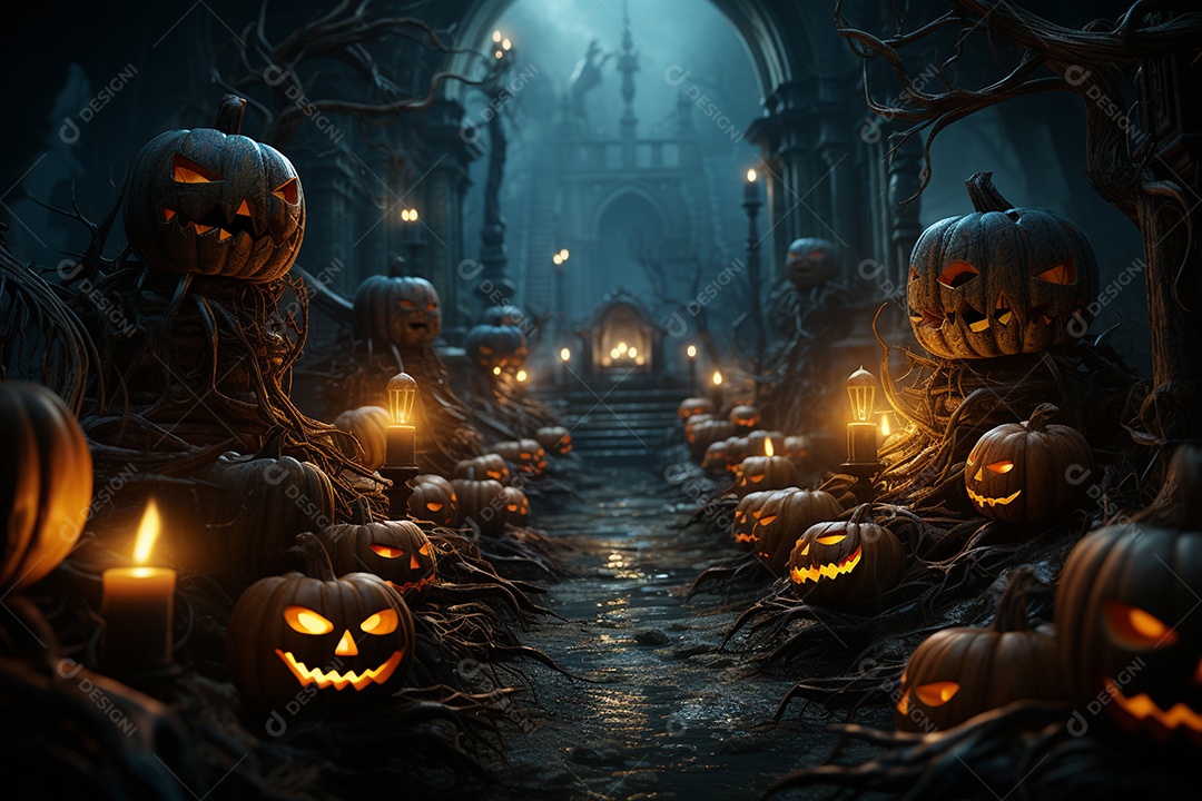 Fundo de Halloween com abóboras e casa assombrada - renderização 3D. Fundo de Halloween com abóbora malvada. Floresta noturna assustadora e assustadora