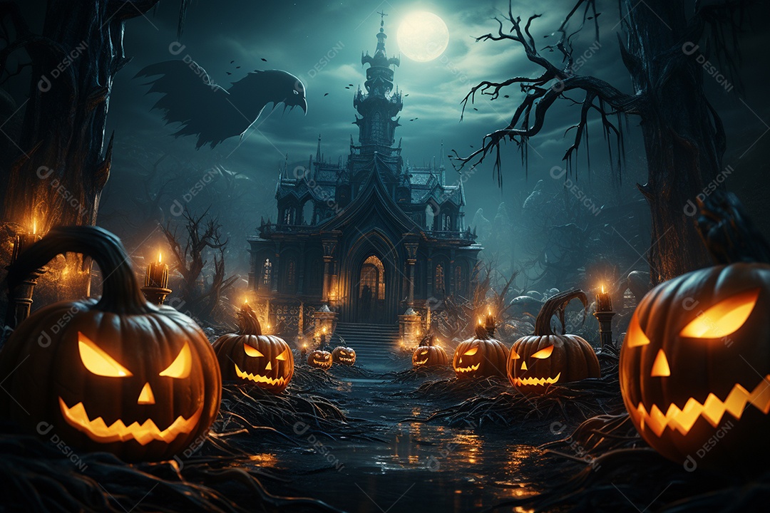 Fundo de Halloween com abóboras e casa assombrada - renderização 3D. Fundo de Halloween com abóbora malvada. Floresta noturna assustadora e assustadora