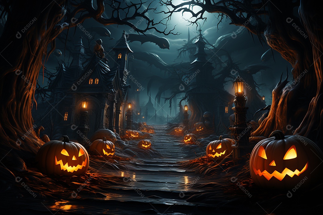 Fundo de Halloween com abóboras e casa assombrada - renderização 3D. Fundo de Halloween com abóbora malvada. Floresta noturna assustadora e assustadora