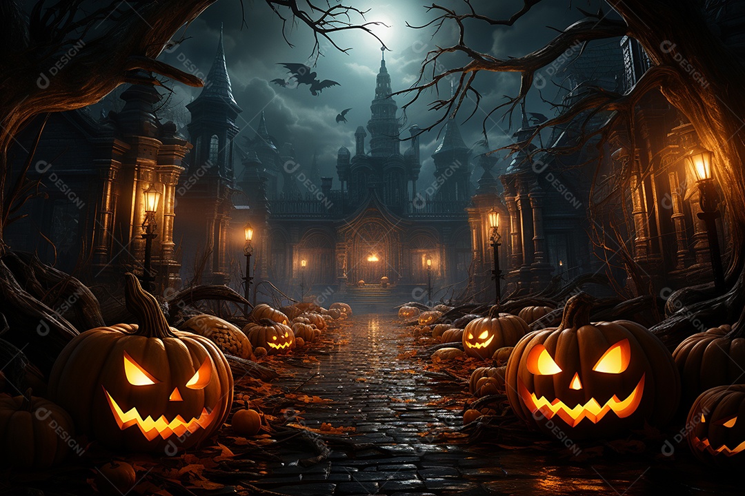 Fundo de Halloween com abóboras e casa assombrada - renderização 3D. Fundo de Halloween com abóbora malvada. Floresta noturna assustadora e assustadora