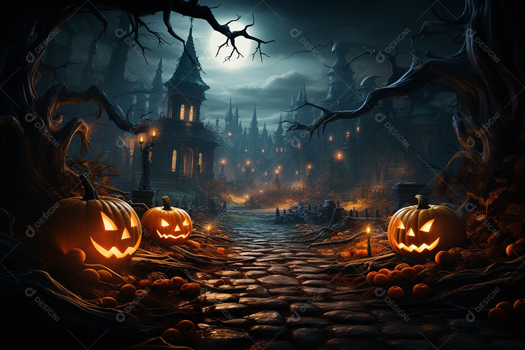 Fundo de Halloween com abóboras e casa assombrada - renderização 3D. Fundo de Halloween com abóbora malvada. Floresta noturna assustadora e assustadora