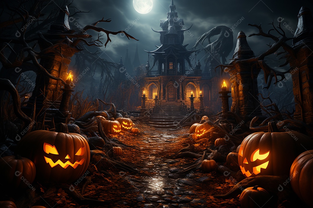 Fundo de Halloween com abóboras e casa assombrada - renderização 3D. Fundo de Halloween com abóbora malvada. Floresta noturna assustadora e assustadora