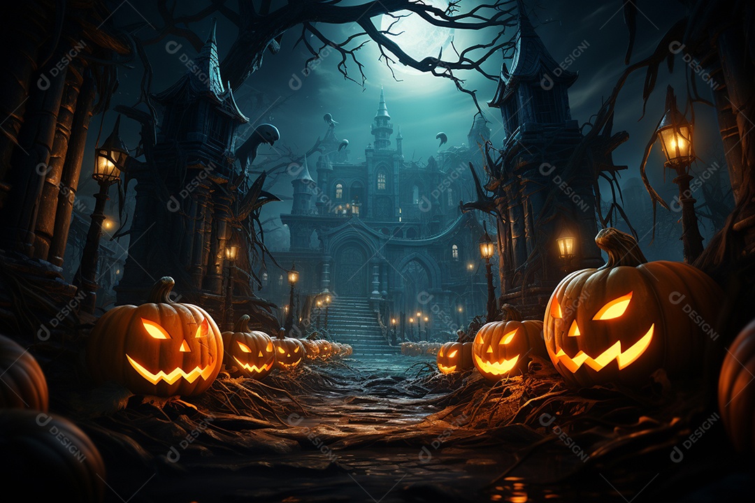 Fundo de Halloween com abóboras e casa assombrada - renderização 3D. Fundo de Halloween com abóbora malvada. Floresta noturna assustadora e assustadora