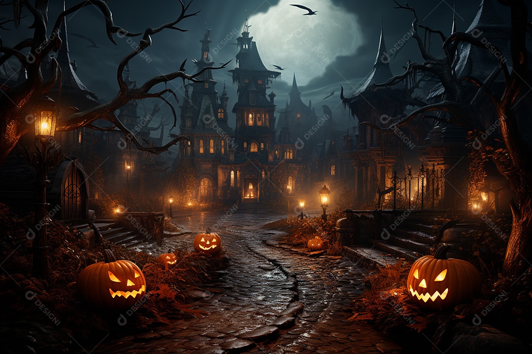 Fundo de Halloween com abóboras e casa assombrada - renderização 3D. Fundo de Halloween com abóbora malvada. Floresta noturna assustadora e assustadora