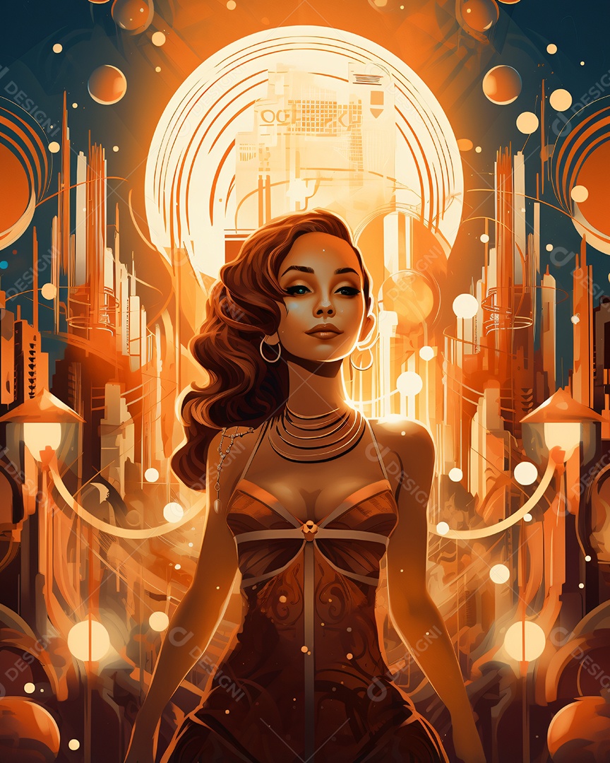 Uma mulher de cabelo ruivo e vestido vermelho está sob um fundo azul e laranja.