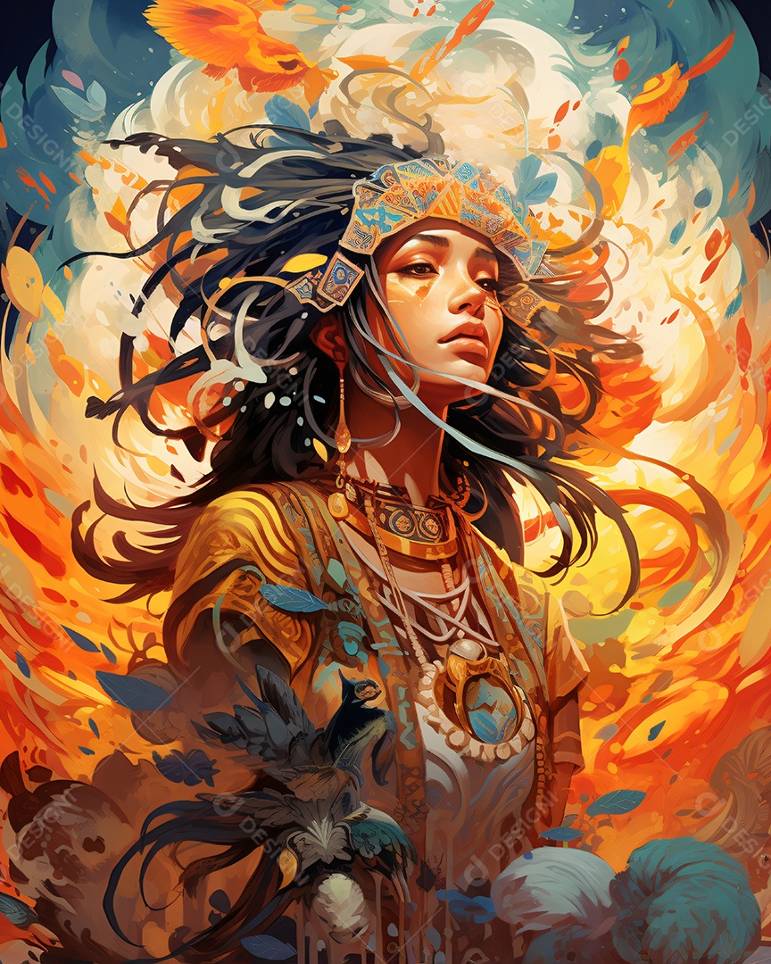 Uma mulher de cabelo ruivo e vestido vermelho está sob um fundo azul e laranja.