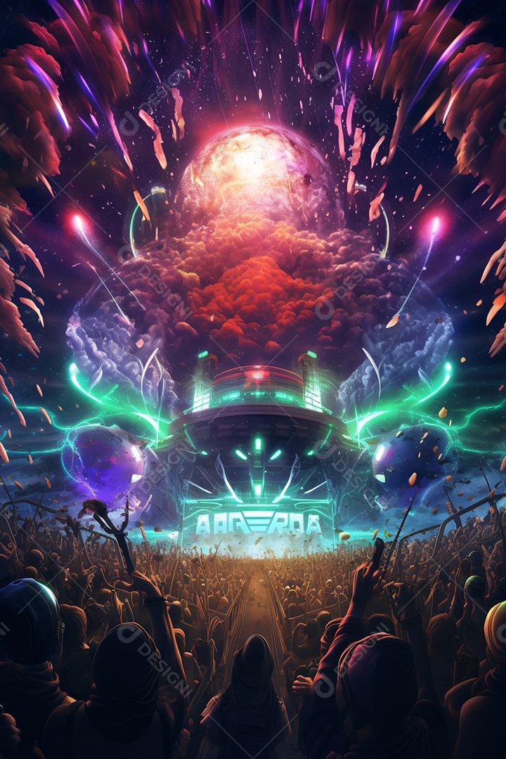 Ilustração colorida de um festival rave de musica