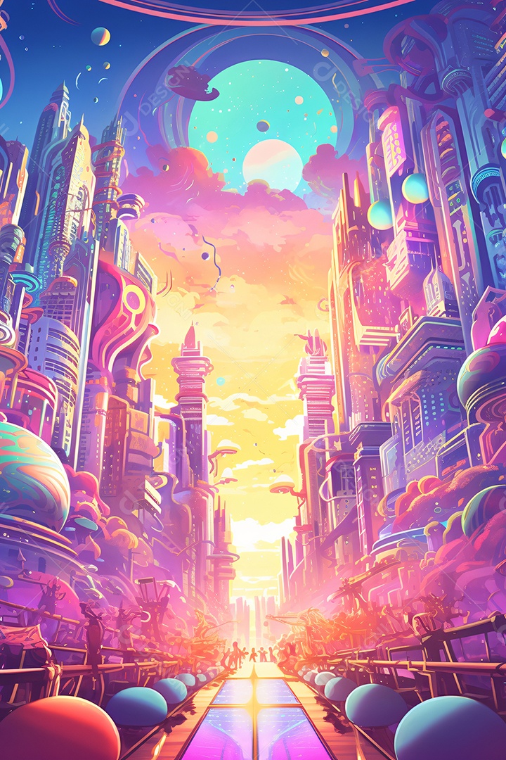 Ilustração cidade futurística colorida