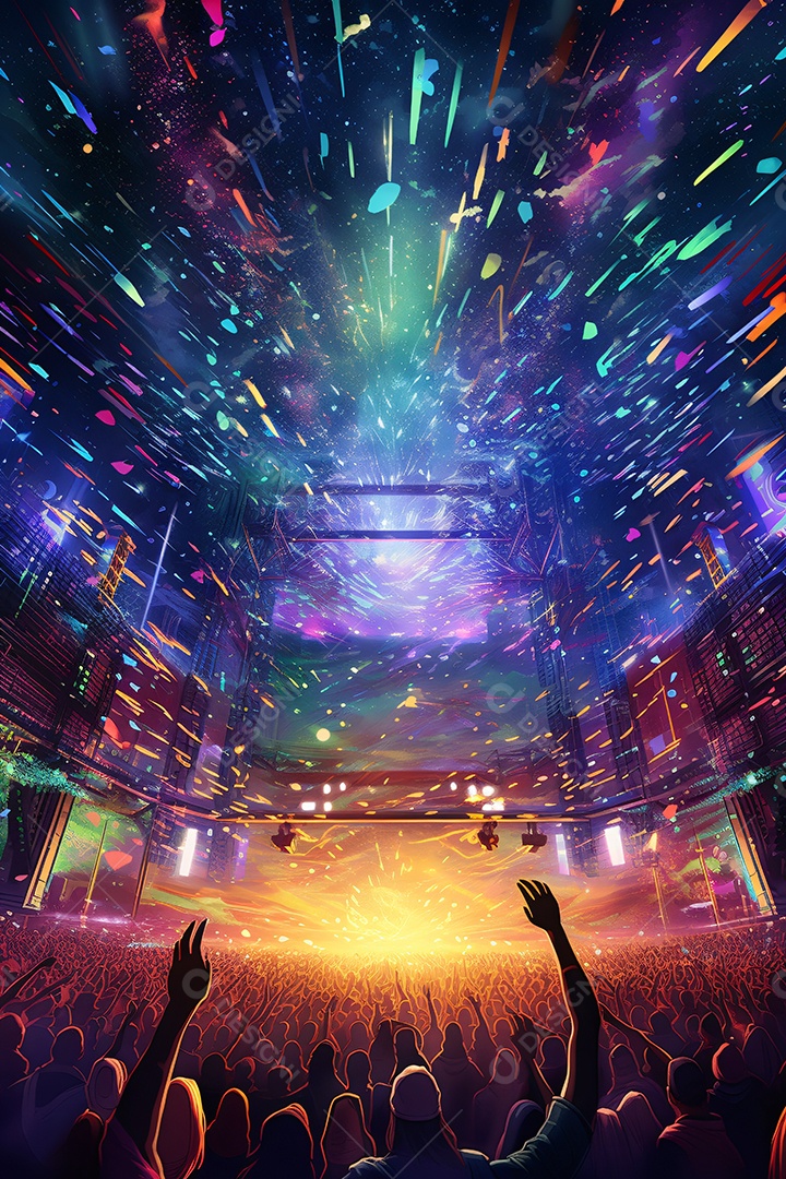 Ilustração colorida de um festival rave de musica