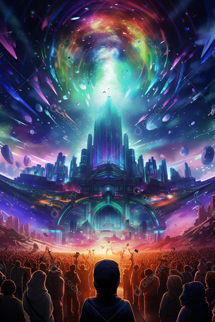 Ilustração colorida de um festival rave de musica