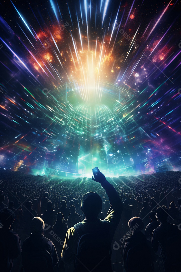 Ilustração colorida de um festival rave de musica