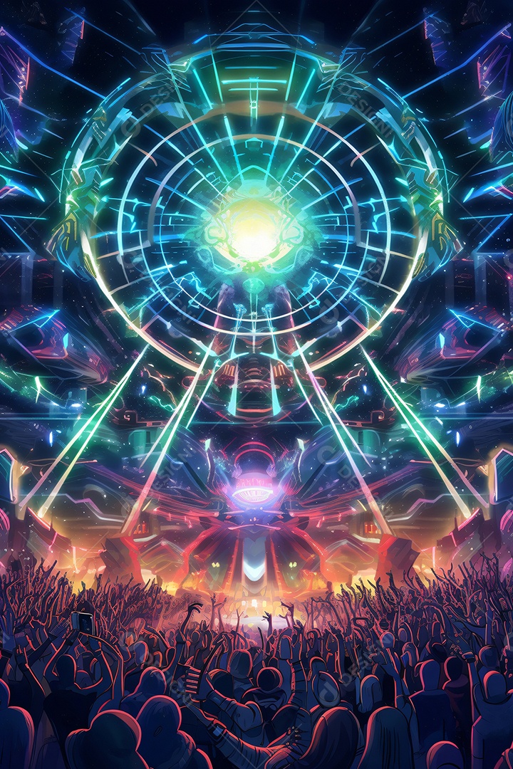 Ilustração colorida de um festival rave de musica