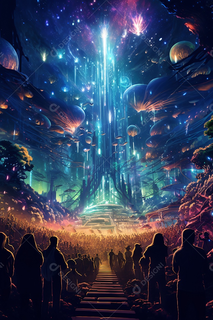 Ilustração colorida de um festival rave de musica