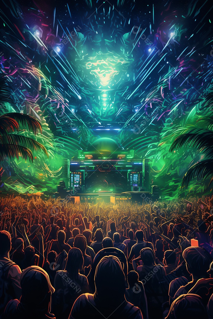 Ilustração colorida de um festival rave de musica