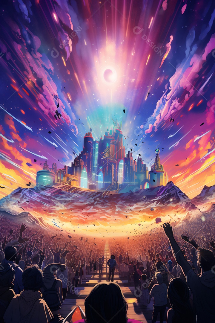 Ilustração colorida de um festival rave de musica