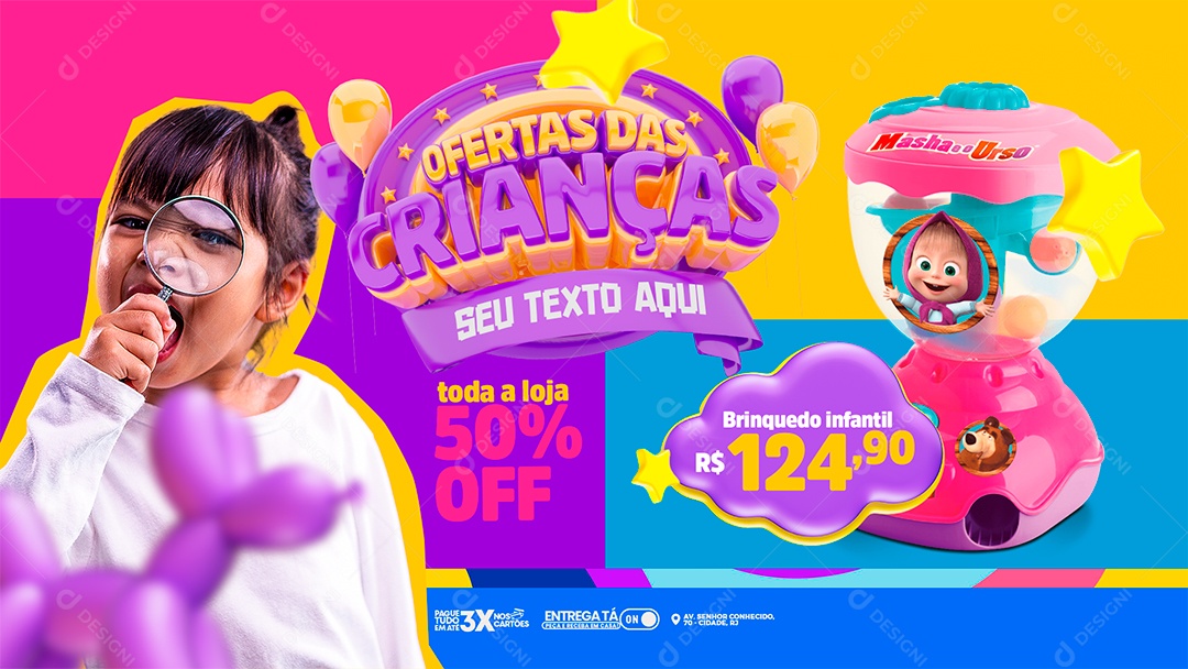 Banner Encarte Ofertas Das Crianças Brinquedo Infantil Toda a Loja 50% Off Social Media PSD Editável
