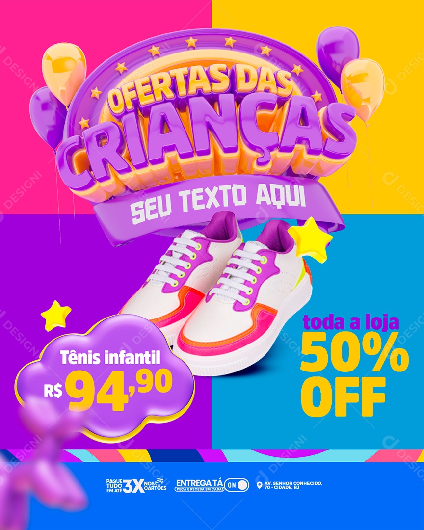 Encarte Ofertas Das Crianças Tênis Infantil Toda a Loja 50% Off Social Media PSD Editável