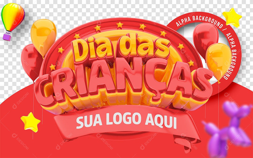 Dia Das Crianças Selo 3D Dourado e Vermelho para Composição PSD