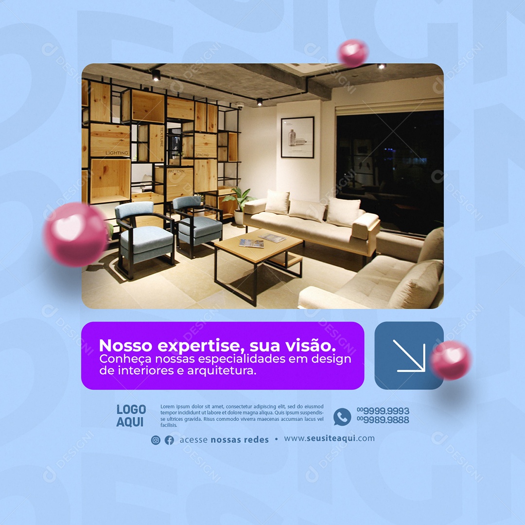 Design Arquitetura Nosso Expertise sua Visão Especialidades Design de Interiores Social Media PSD Editável