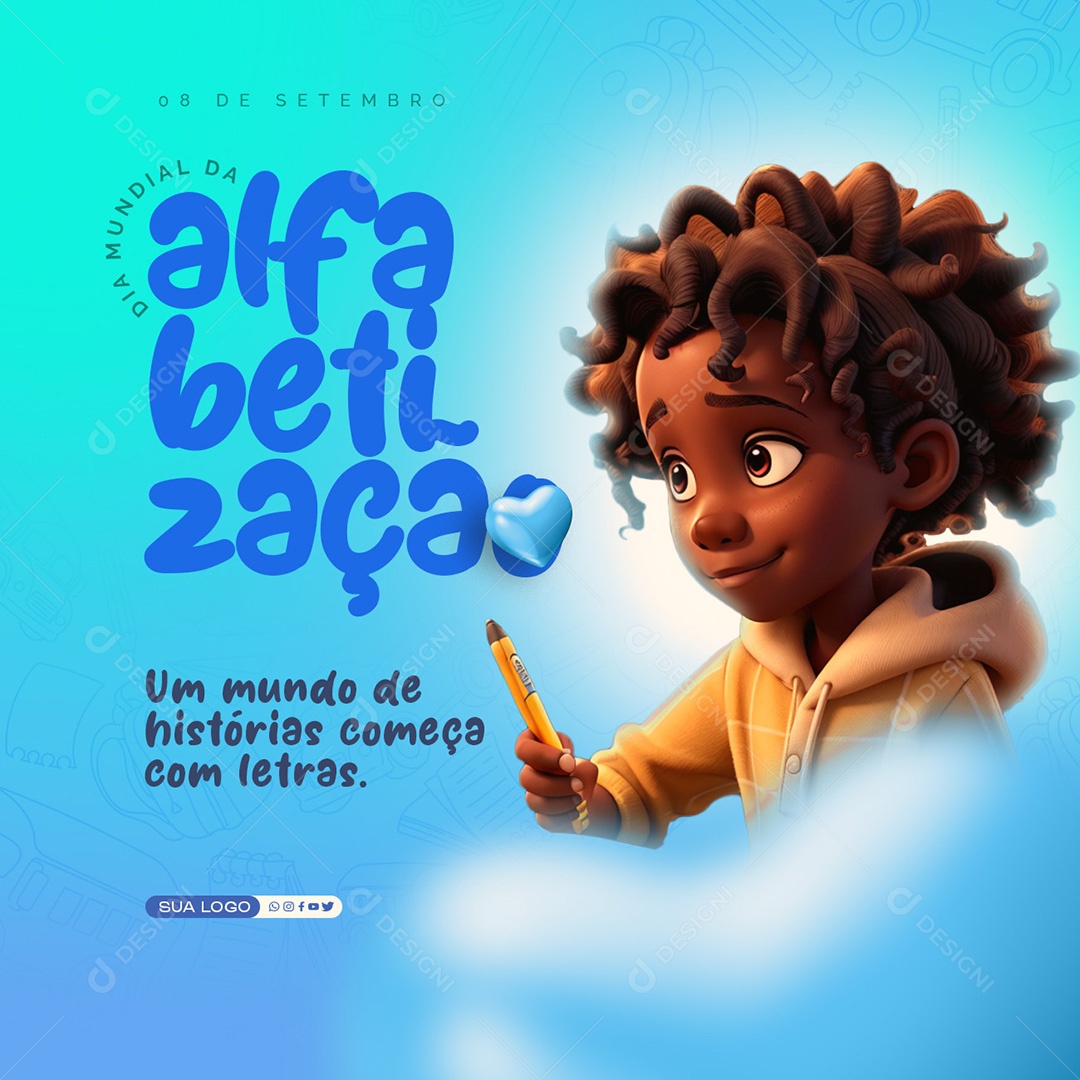 Dia da Alfabetização 08 de Setembro um Mundo de Histórias Começa com Letras Social Media PSD Editável