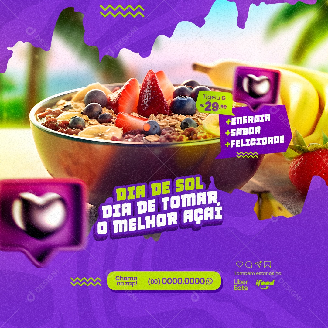 Açaiteria Dia De Sol Dia De Tomar o Melhor Açaí Social Media PSD Editável