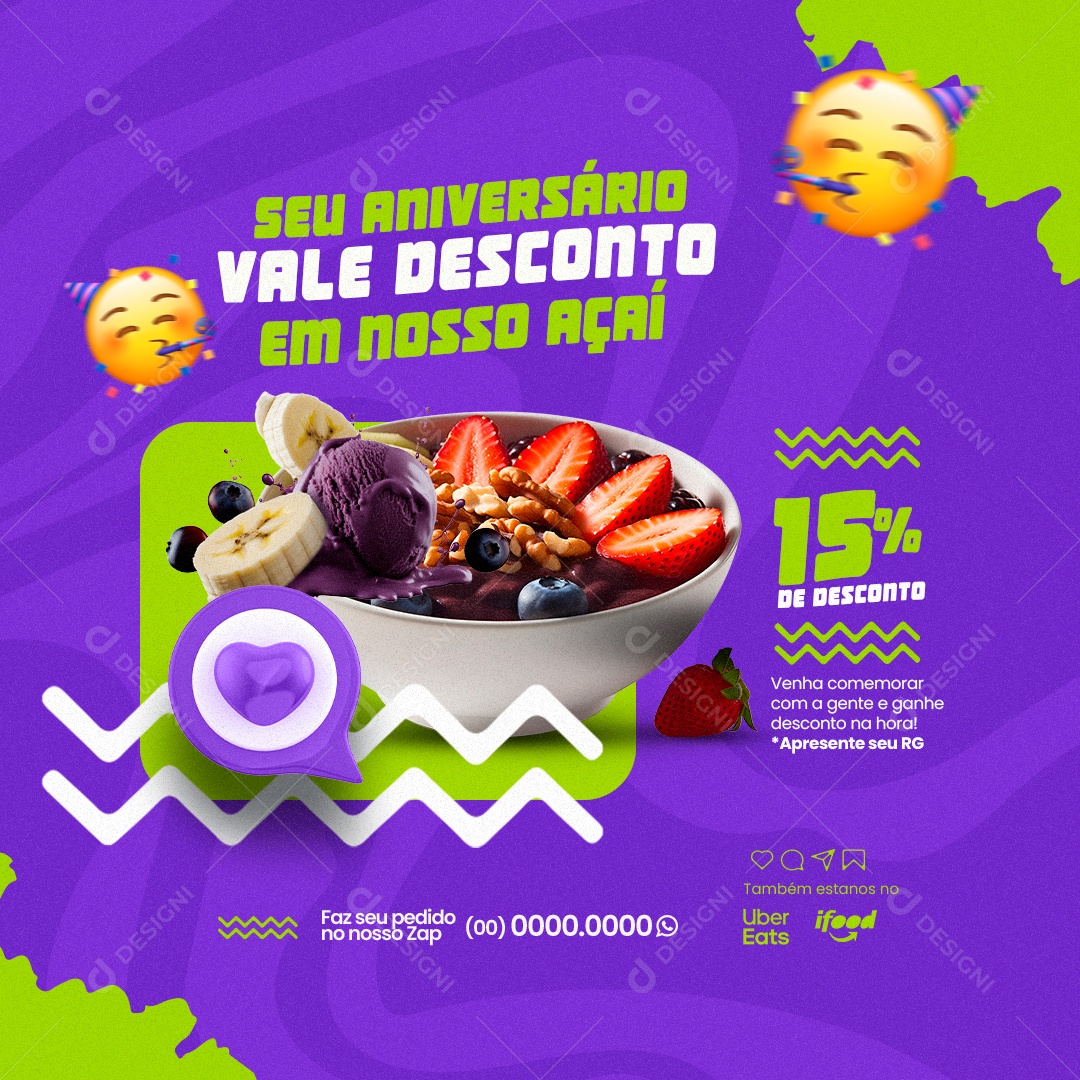 Açaiteria Seu Aniversário Vale Desconto em Nosso Açaí 15% De Desconto Social Media PSD Editável