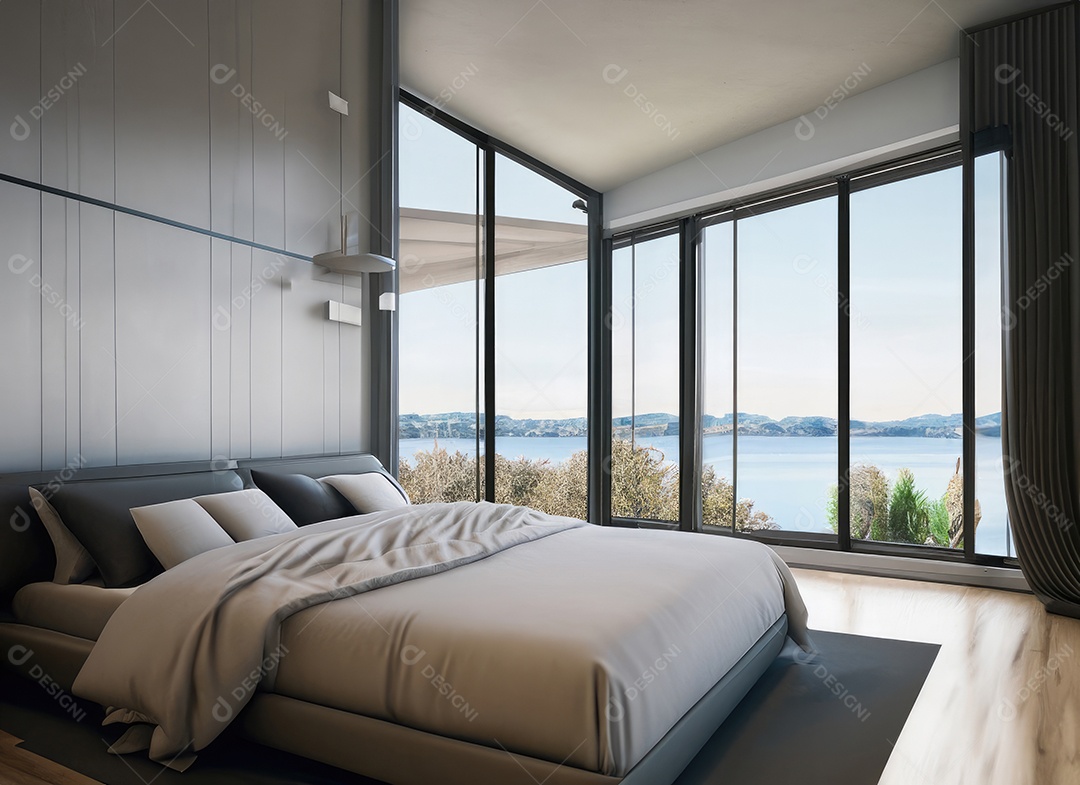 Quarto moderno com cadeira construído em tons mínimos de branco, piso moderno em carvalho