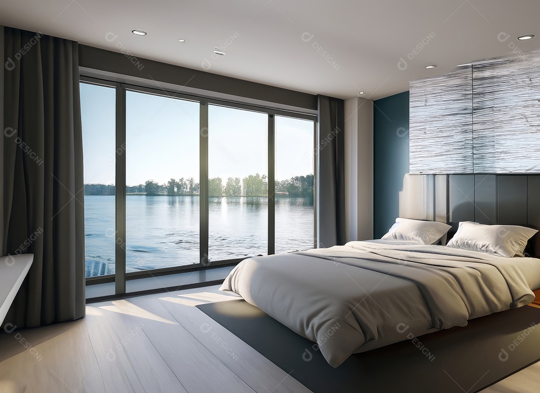 Quarto moderno com cadeira construído em tons mínimos de branco, piso moderno em carvalho