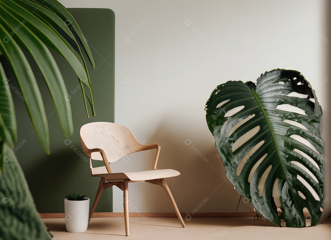 Quarto moderno com cadeira construído em tons mínimos de branco, piso moderno em carvalho