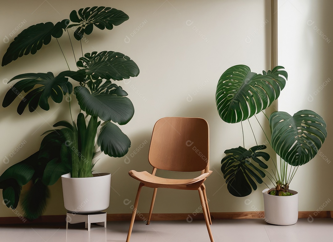 Quarto moderno com cadeira construído em tons mínimos de branco, piso moderno em carvalho