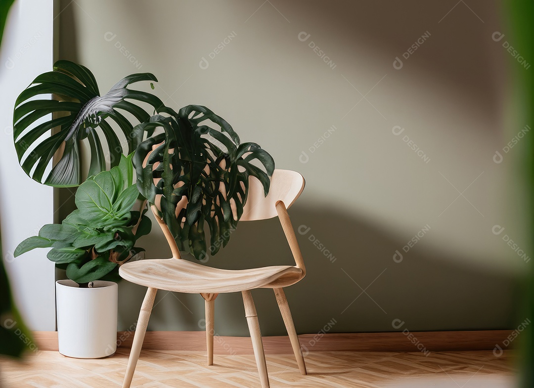 Quarto moderno com cadeira construído em tons mínimos de branco, piso moderno em carvalho